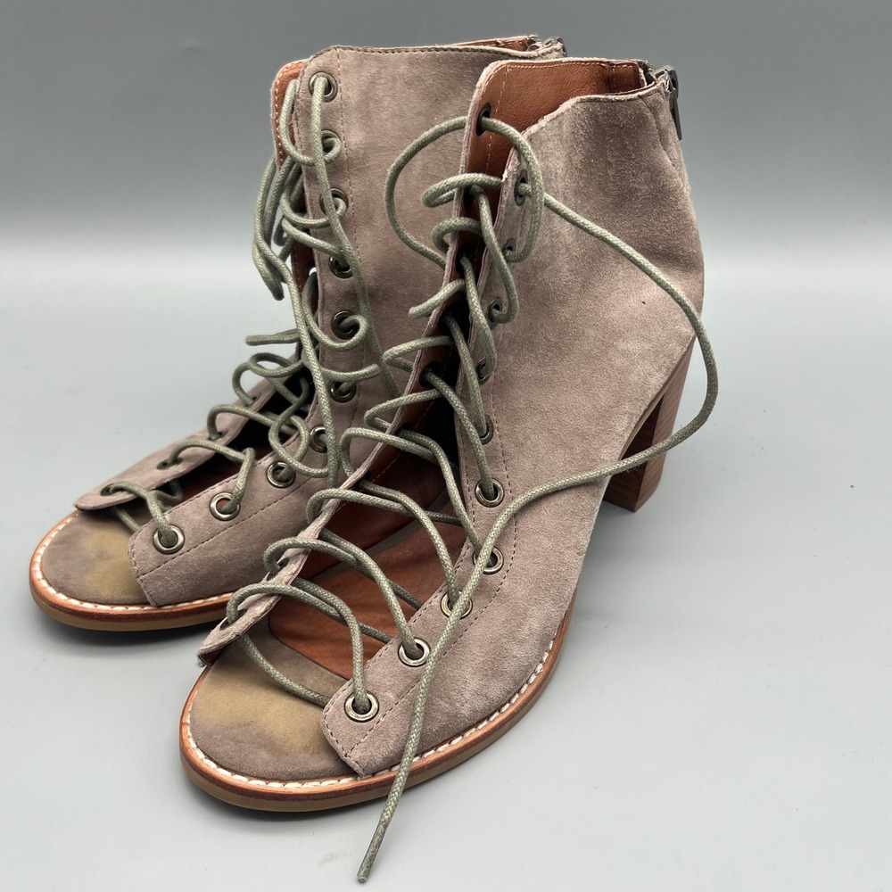 Jeffrey Campbell Cors Suede Lace Up Booties Women 8 Taupe Open Toe Block Heel